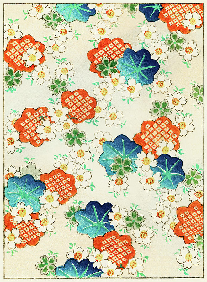 Fall Painting - Cherry Blossoms and  Fallen Leaf- Japanese traditional pattern design by Watanabe Seitei