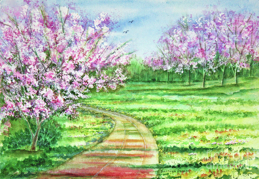 Cherry Blossoms Park Painting by Kathryn Duncan