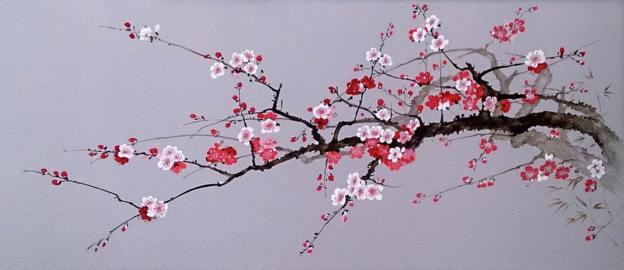 Cherry Branch with Pink, White and Red Flowers Painting by Alina Oseeva