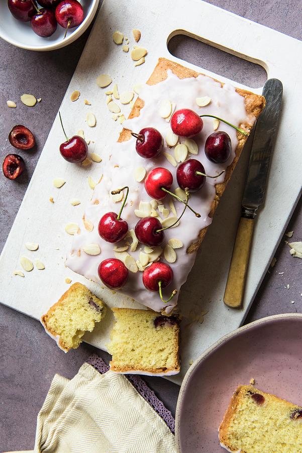 Cherry Cake With Icing Sugar, Fresh Cherries And Flaked Almonds, Sliced seen From Above Photograph by Magdalena Hendey