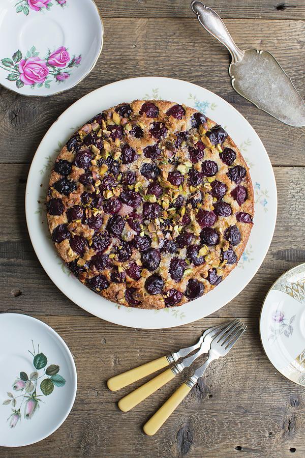 Cherry Cake With Pistachios seen From Above Photograph by Anne Faber