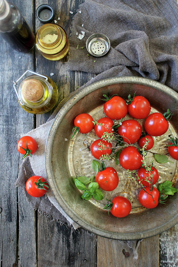 Cherry Tomatoes In A Metal Bowl Photograph by Patricia Miceli