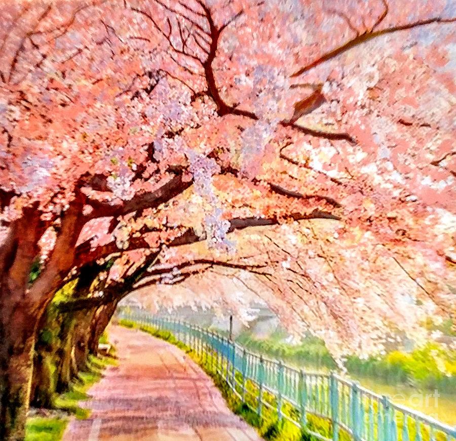 Cherry trees in bloom Painting by Marie-Line Vasseur