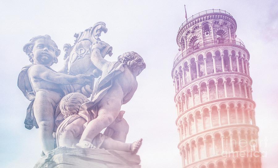 Cherubs statue in front of the Leaning tower of pisa Photograph by Stefano Senise