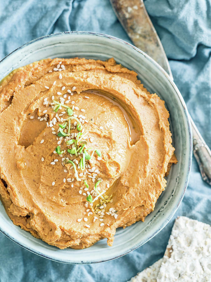 Chestnut Hummus, Seved With Bean Sprouts And Sesame Seeds Photograph by Magdalena Paluchowska