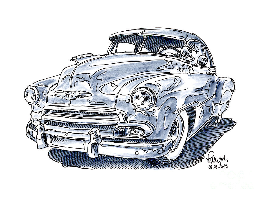 Car Drawing - Chevrolet Bel Air 1951 Classic Car Ink Drawing and Watercolor by Frank Ramspott