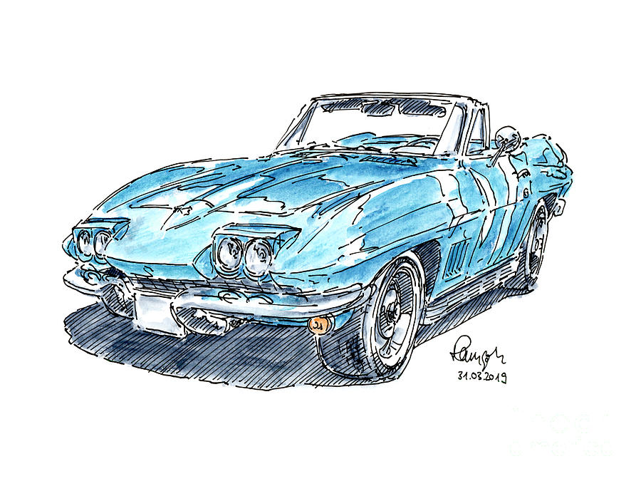 Car Drawing - Chevrolet Corvette C2 Stingray Convertible Ink Drawing and Water by Frank Ramspott