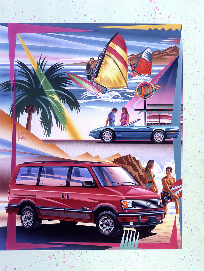 Summer Painting - Chevy Astro Van and Corvette Surfer Scene by Garth Glazier