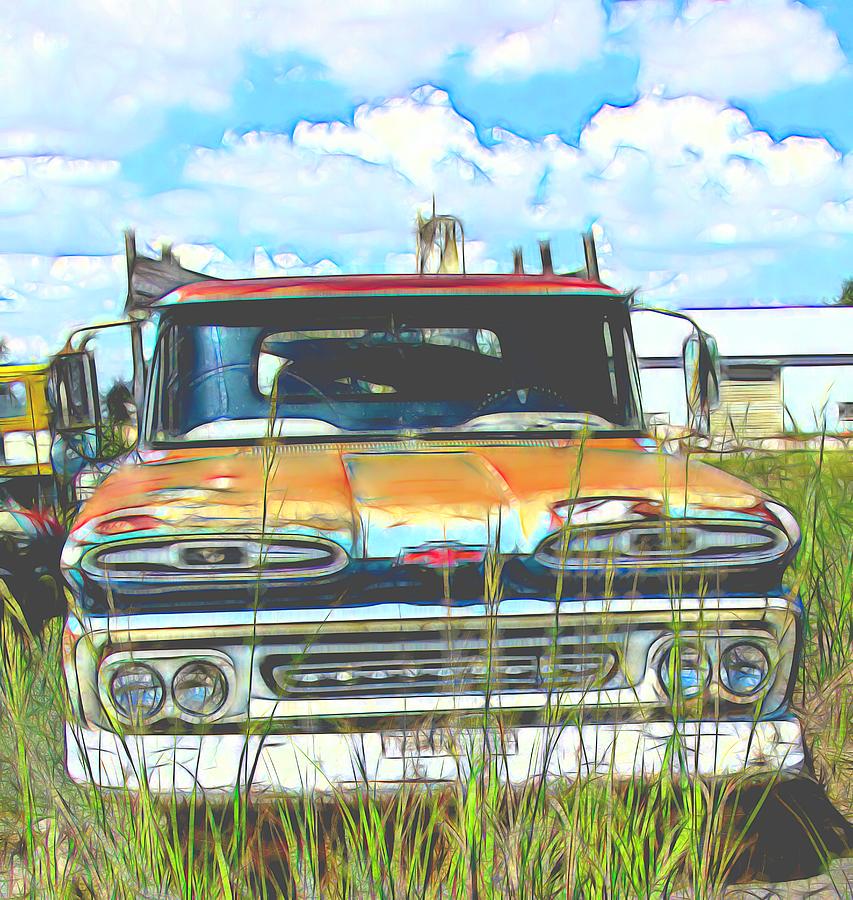 Chevy Truck in the junkyard Digital Art by Cathy Anderson