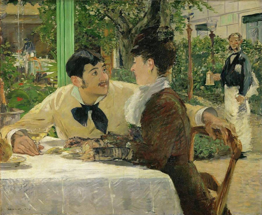 Chez le Pere Lathuille, en plein air  -At the cafandeacute,-  Oil on canvas, 1878. Painting by Edouard Manet -1832-1883-
