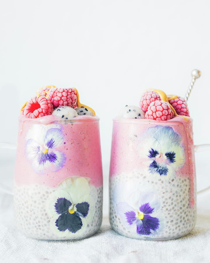 Chia Seeds In Coconut Milk And Raspberry-pitahaya Ice Cream Smoothie Photograph by Velsberg