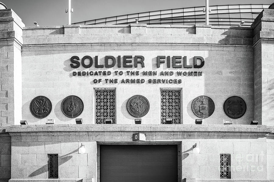Chicago Bears Photograph - Chicago Bears Soldier Field Sign Black and White Photo by Paul Velgos