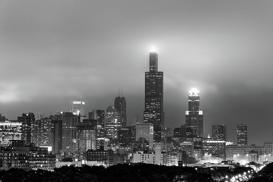 Chicago City Skyline Architecture with Cloudy Skies - Black and White Photograph by Gregory Ballos