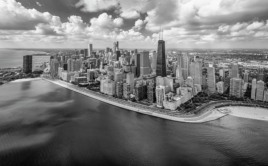 Chicago Photograph - Chicago Gold Coast Aerial Panoramic BW by Adam Romanowicz