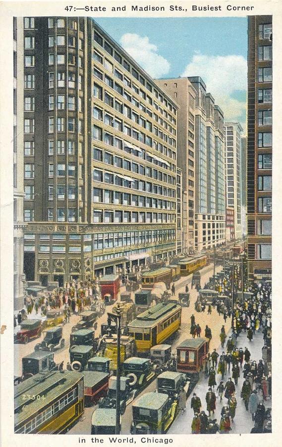 Chicago, Il State   Madison Sts. Busiest Corner In The World Tinted Postcard Painting