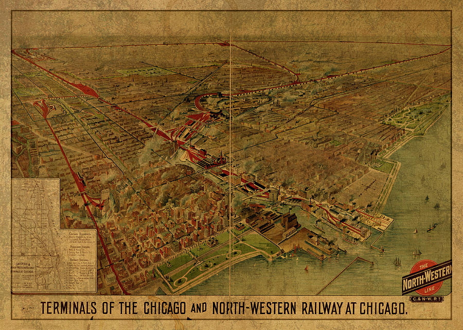Chicago Mixed Media - Chicago Illinois Railway Terminals Vintage City Street Map 1902 by Design Turnpike