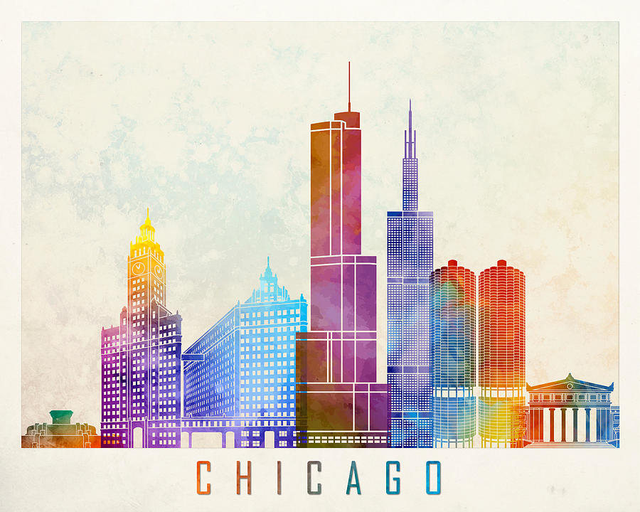 City Drawing - Chicago Landmarks Watercolor Poster by Domiciano Pablo Romero Franco