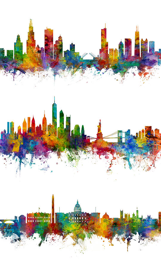 Chicago New York and Washington DC Skyline trio Skyline Digital Art by Michael Tompsett