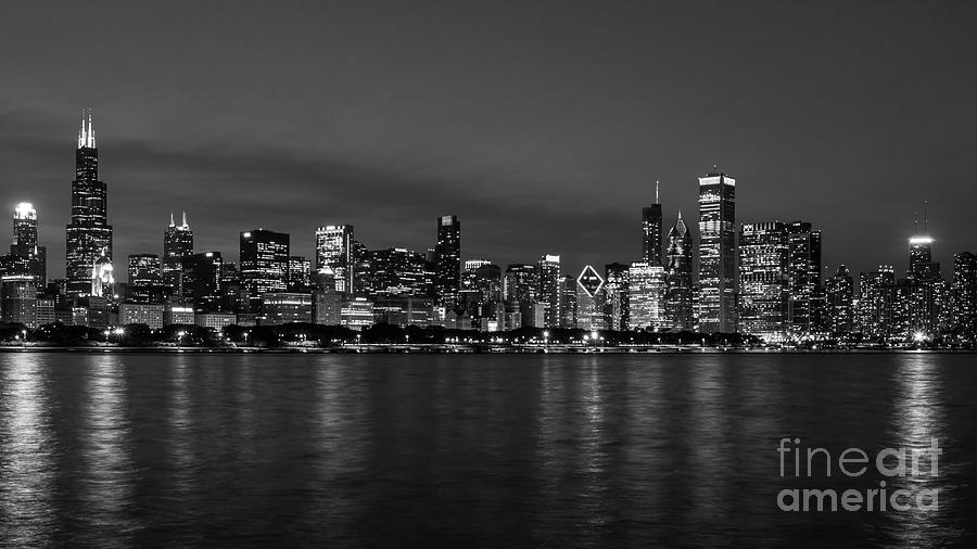 Chicago Night Cityscape Grayscale Photograph by Jennifer White