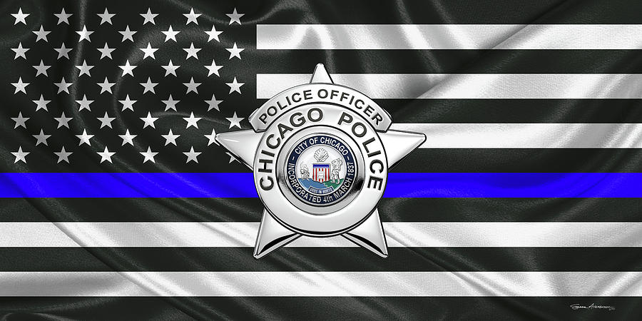 Chicago Police Department Badge -  C P D   Police Officer Star over The Thin Blue Line Flag Digital Art by Serge Averbukh