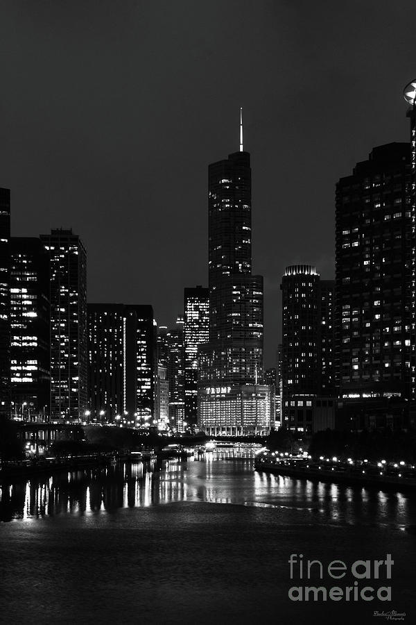 Chicago River Night Storm Grayscale Photograph by Jennifer White