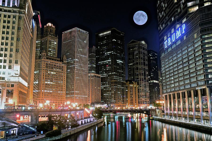 Chicago Riverfront Trump and Full Moon Photograph by Frozen in Time Fine Art Photography
