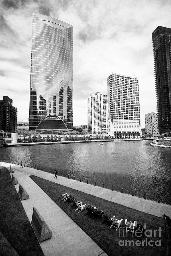 Chicago Photograph - chicago riverwalk at Wolf Point on the chicago river downtown chicago illinois united states of amer by Joe Fox