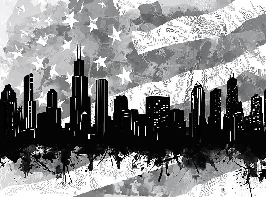 Chicago Skyline Digital Art - Chicago Skyline Flag by Bekim M