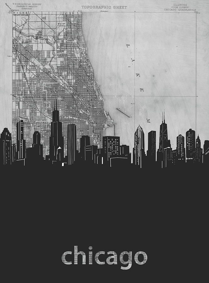 Chicago Skyline Map Grey Digital Art