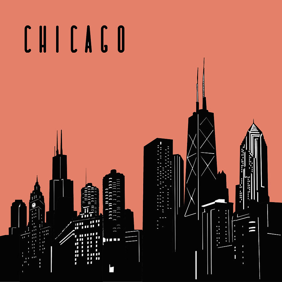 Chicago Skyline Panorama Red Digital Art