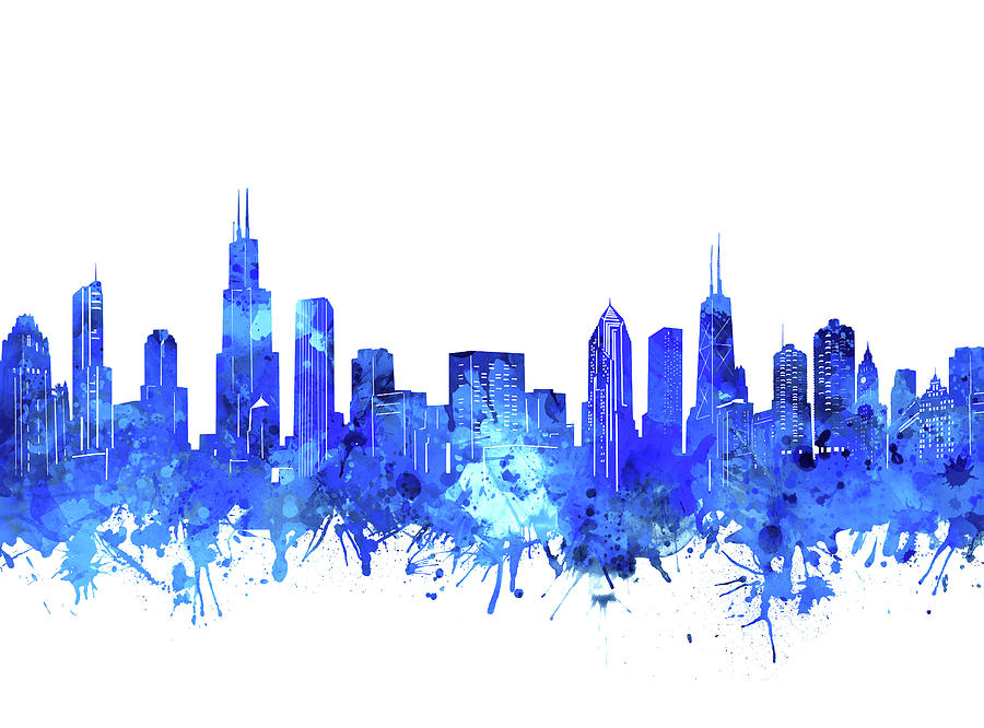 Chicago Skyline Watercolor Blue Digital Art