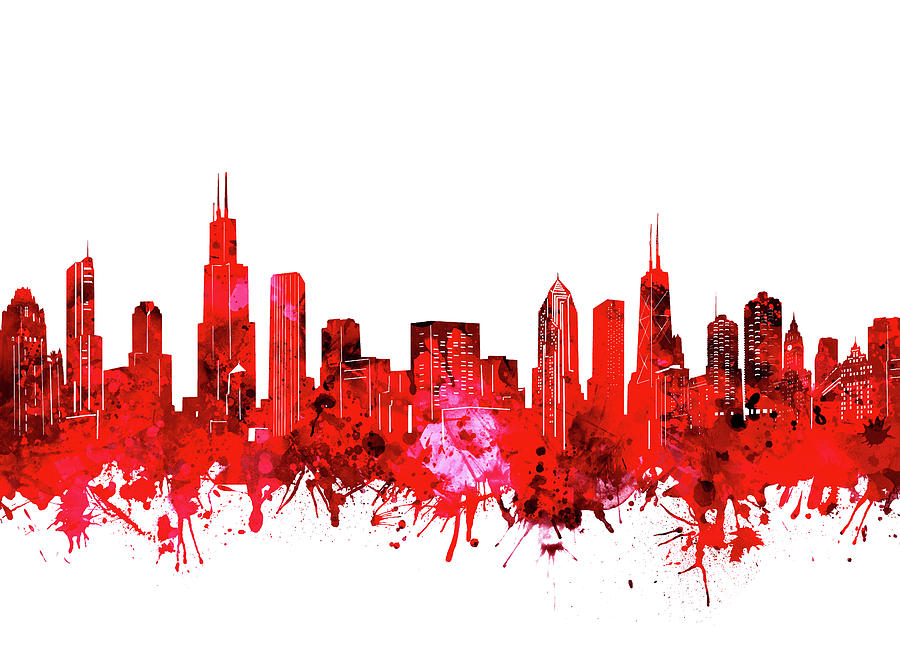Chicago Skyline Watercolor Red Digital Art
