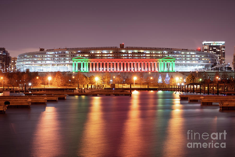 Chicago Soldier Field Christmas Red and Green Lights Photo Photograph by Paul Velgos