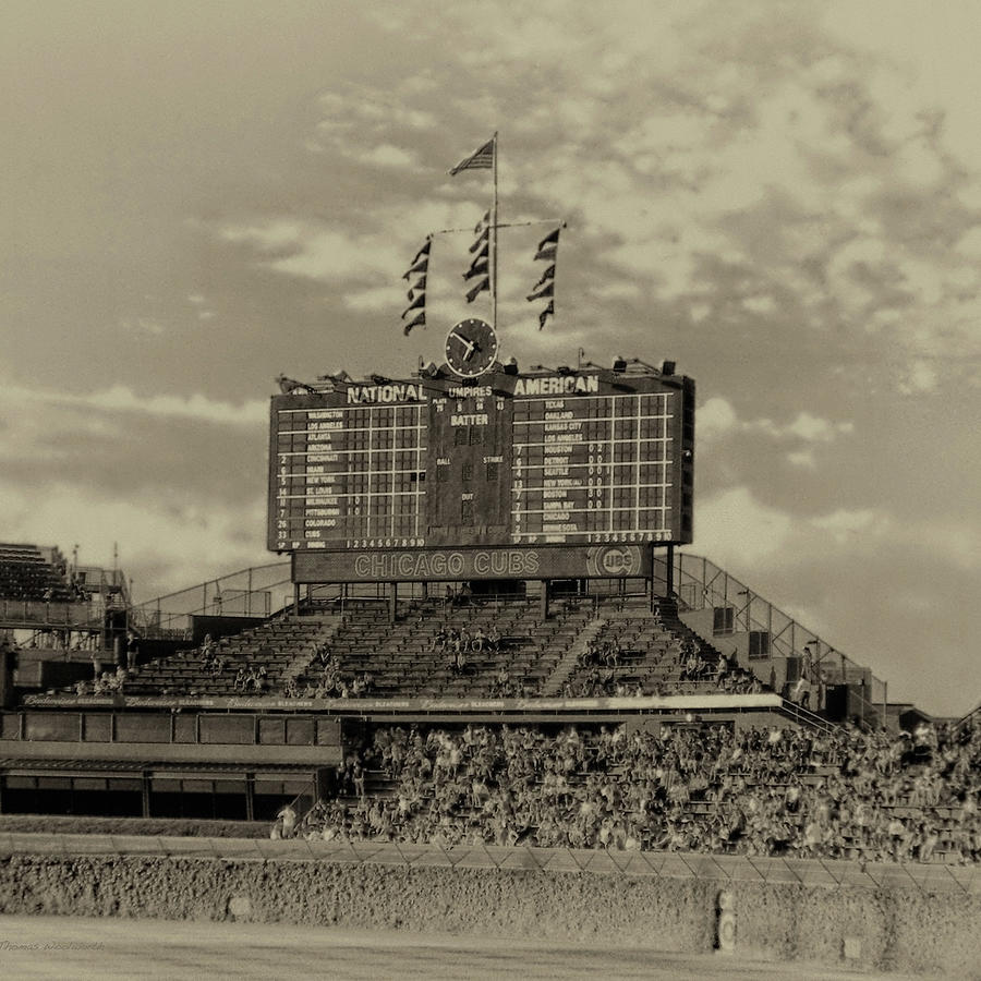 Chicago Sports Cubs Scoreboard In Heirloom Finish SQ Format Photograph by Thomas Woolworth