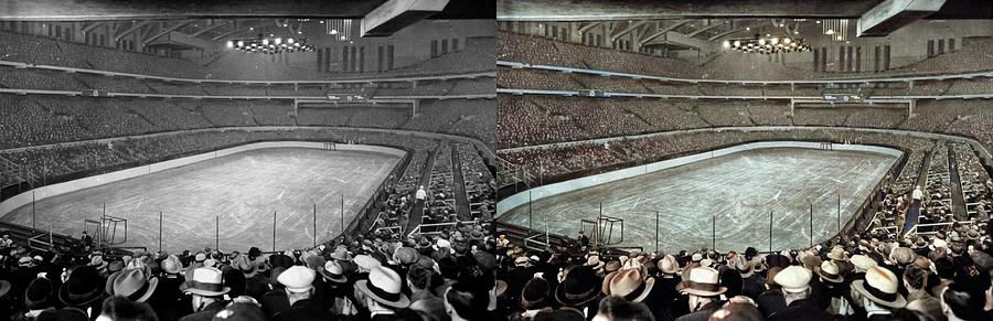 Chicago Stadium Prepared For A Chicago Blackhawks Game in 1930 colorized-image-comparison colorized  Painting by Celestial Images