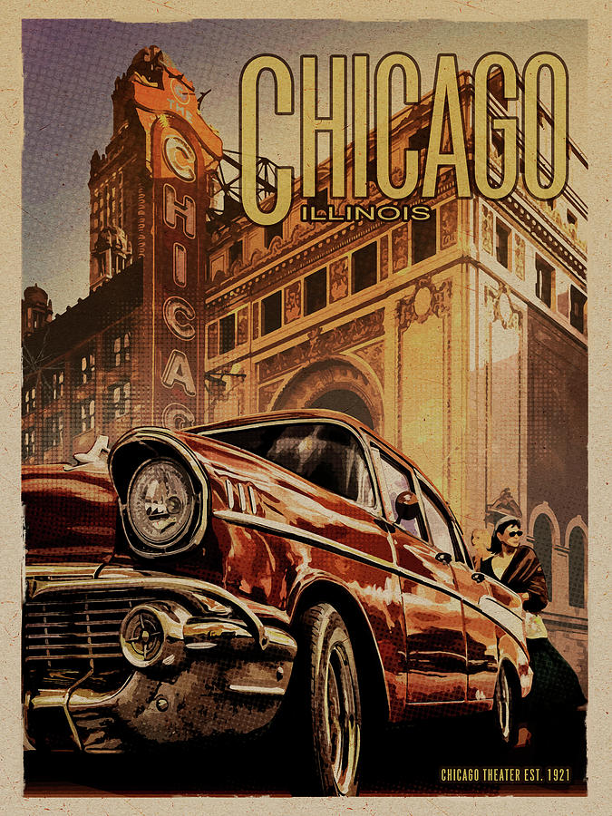 City Mixed Media - Chicago Theater by Old Red Truck