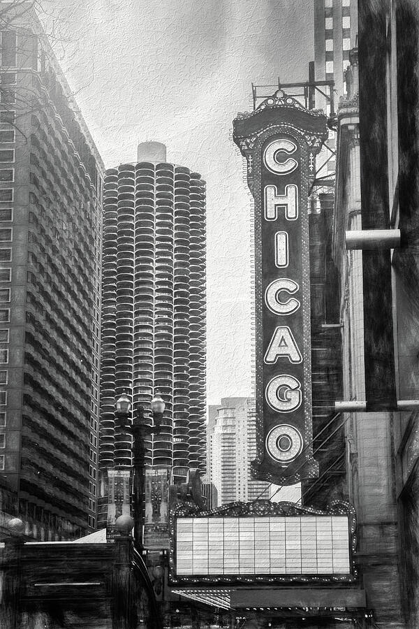 Chicago Theatre Sign Black and White Photograph by Carol Japp