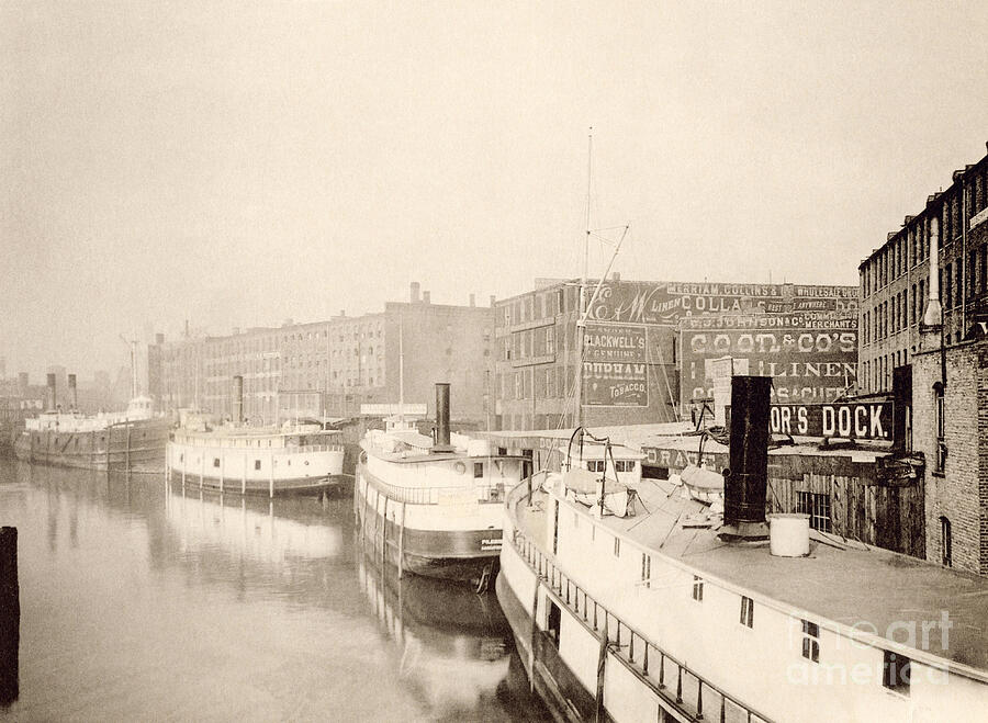 Chicago Warehouses, Usa Docks Along The Chicago River East Of State Street Bridge, 1890s Albertype Drawing by American School