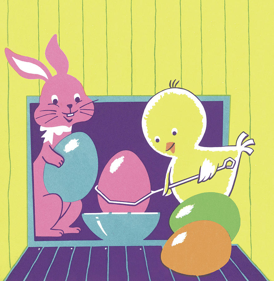 Easter Drawing - Chick and Bunny With Easter Eggs by CSA Images