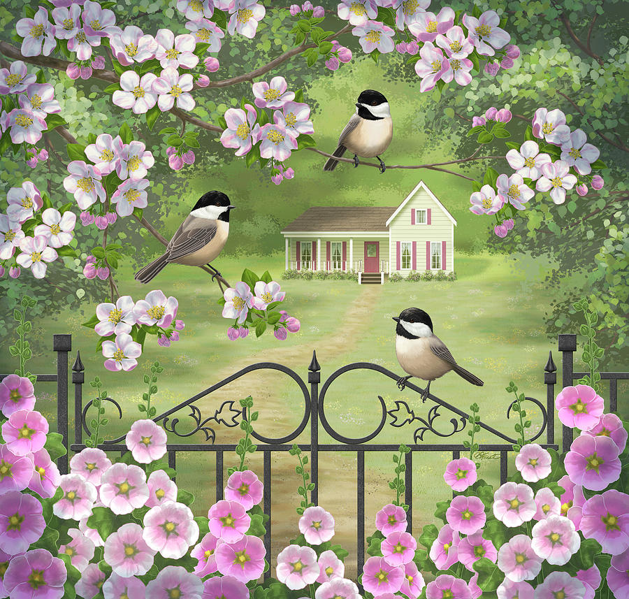 Chickadee Birds Apple Blossoms Pink Hollyhock Flowers Victorian Farmhouse Garden Painting by Crista Forest