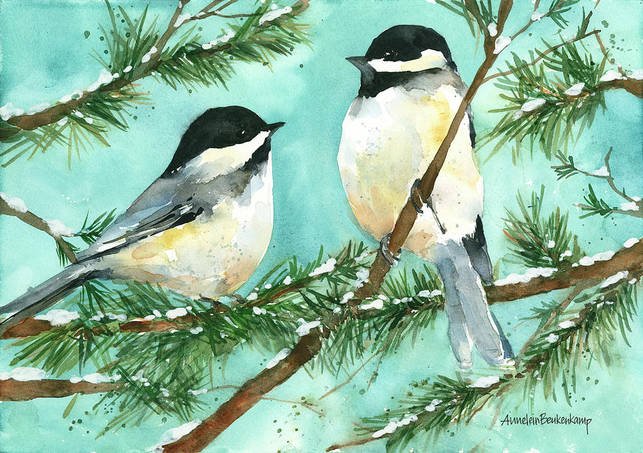 Winter Painting - Chickadee Chat by Annelein Beukenkamp