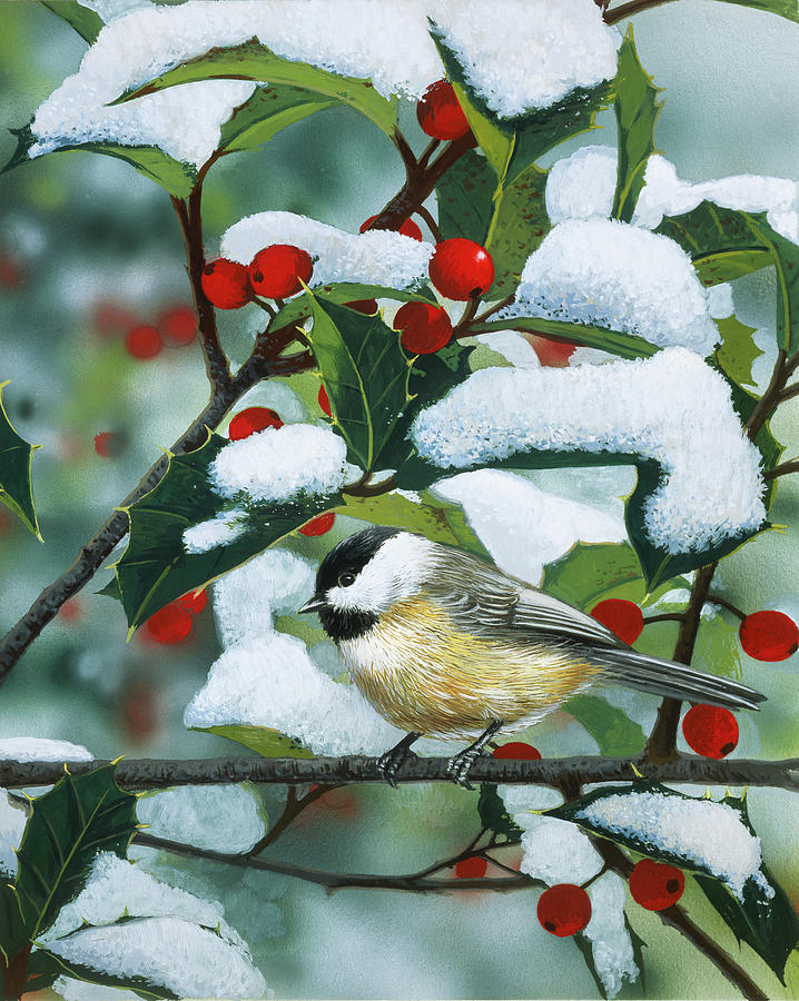 Bird Painting - Chickadees And Holly Branch by William Vanderdasson