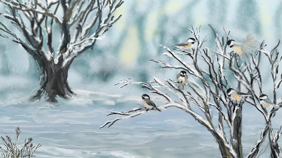 Chickadees and Trees Painting by Robert Rearick