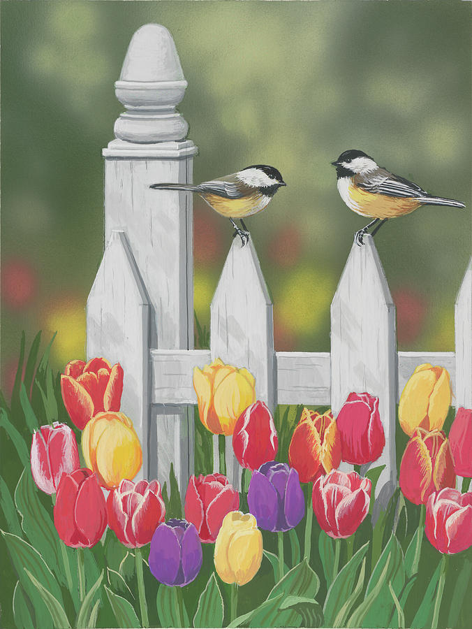 Bird Painting - Chickadees And Tulips by William Vanderdasson