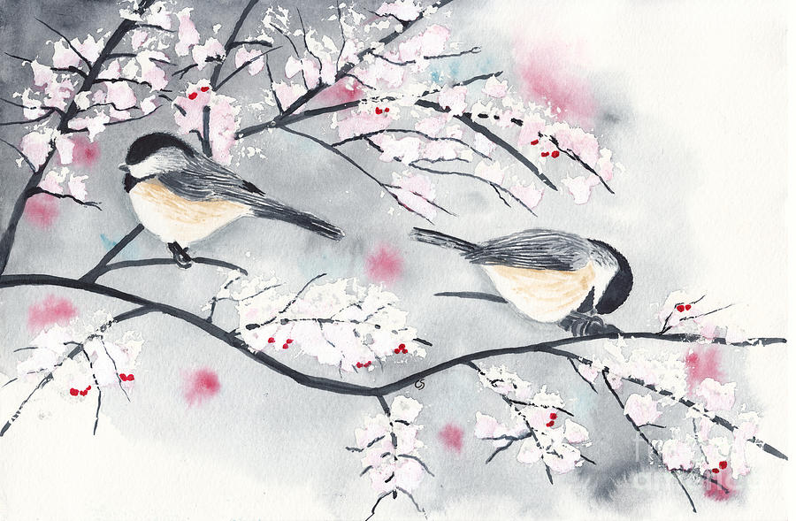 Chickadees in Winter with Red Berries Painting by Conni Schaftenaar