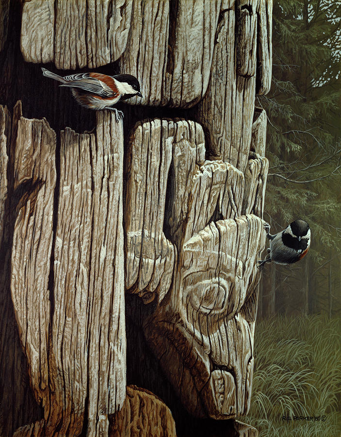 Chickadees On Totem Painting by Ron Parker