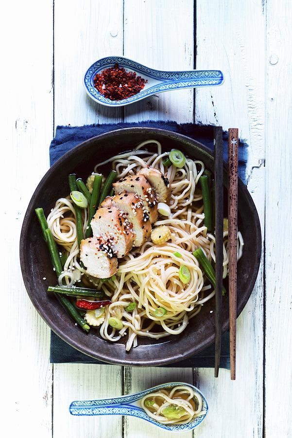 Chicken Breast With Spring Onions And Chilli Peppers On A Bed Of Noodles asia Photograph by Komar