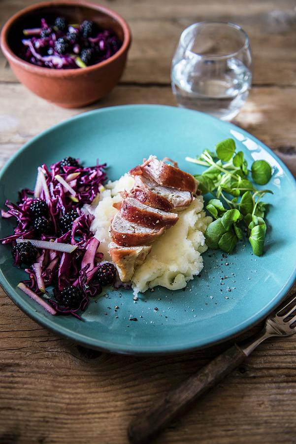 Chicken Breast Wrapped In Bacon On A Bed Of Mashed Potatoes With Red Cabbage & Blackberry Coleslaw And Watercress Photograph by Magdalena Hendey