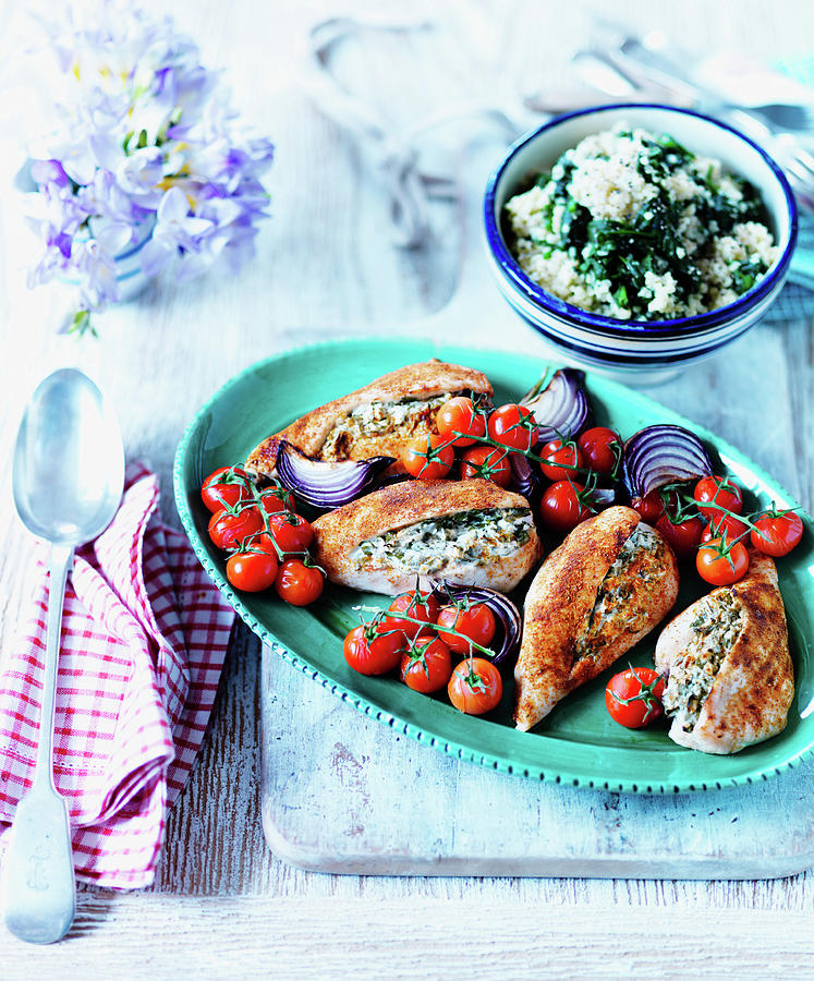 Chicken Breasts Filled With Garlic And Herbs, Onions And Tomatoes Photograph by Karen Thomas