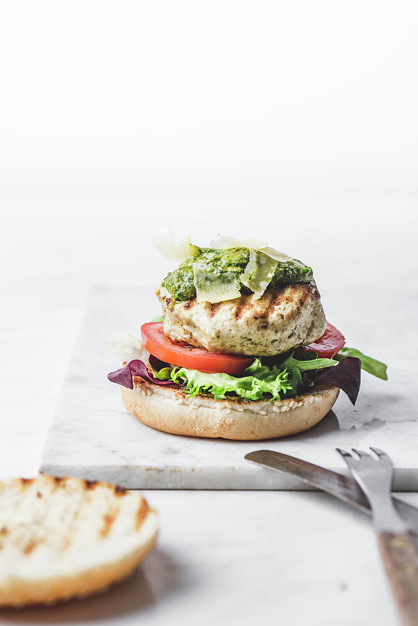 Chicken Burger With Basil Pesto And Parmesan Chessee Photograph by Mateusz Siuta